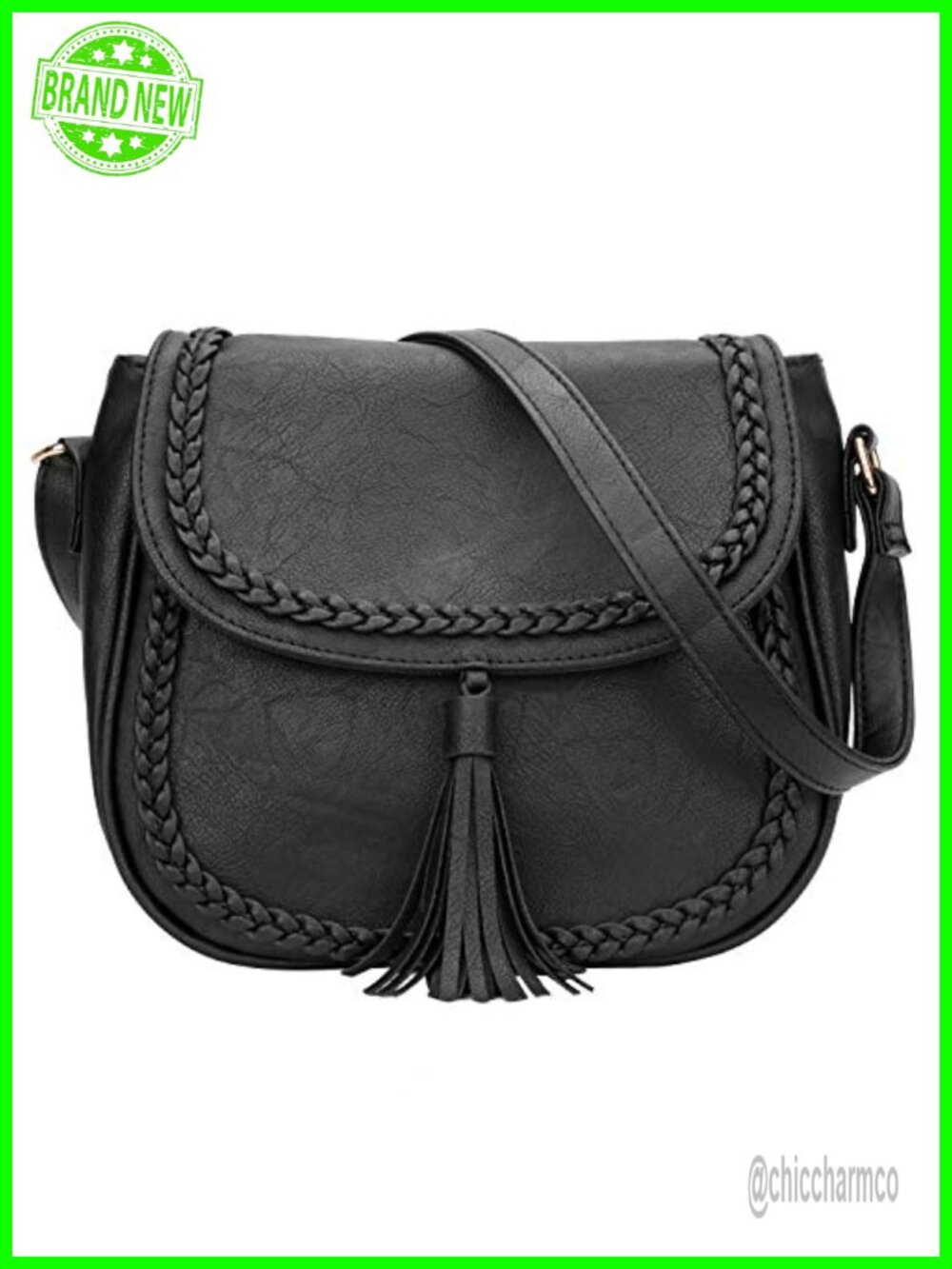 Faux Leather Saddle Crossbody Bag Whipstitch Tassel Small